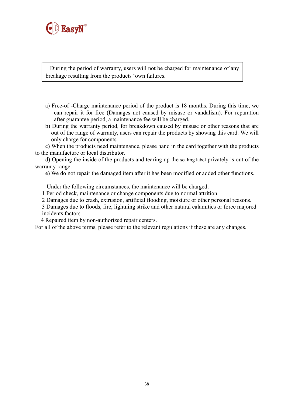 Warranty | EasyN NR-1-A4 Series User Manual | Page 38 / 40