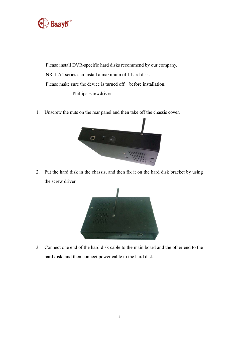 Hard disk installation | EasyN NR-1-A4 Series User Manual | Page 4 / 40