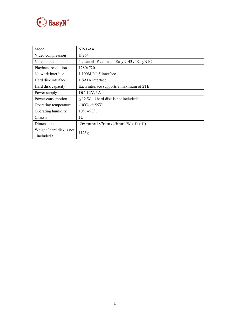 Technical specifications | EasyN NR-1-A4 Series User Manual | Page 8 / 40