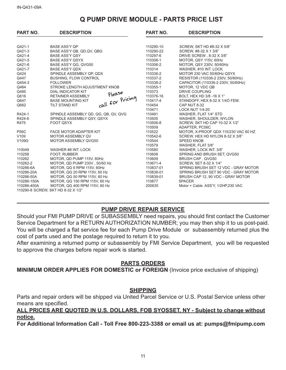 Q pump drive module - parts price list | FMI Q431 "Q User Manual | Page 11 / 12
