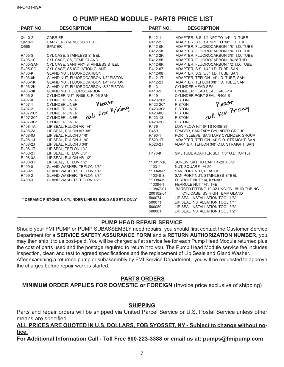 Q pump head module - parts price list, Please call for pricing please call for pricing, Pump head repair service | FMI Q431 "Q User Manual | Page 7 / 12