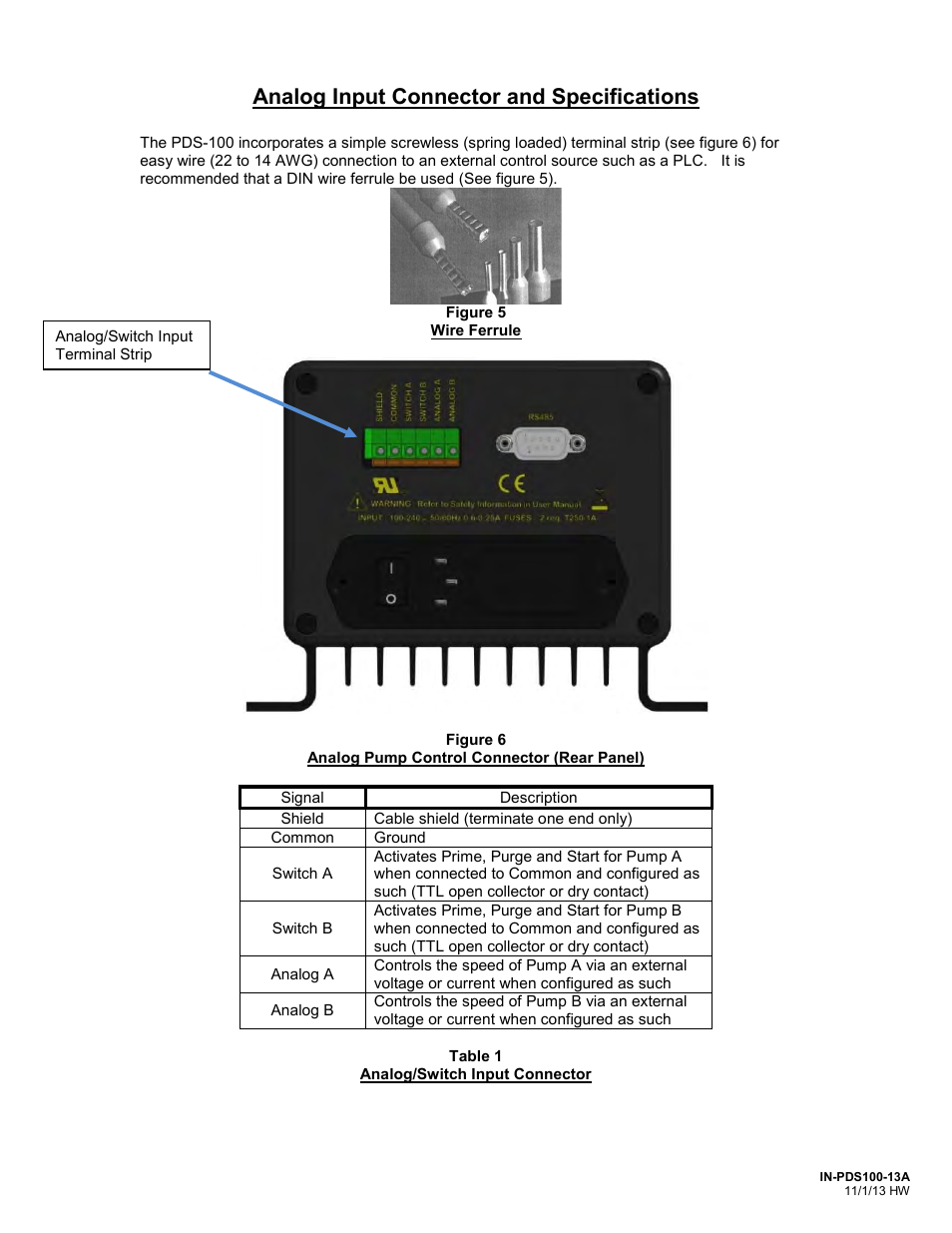 Analog input connector and specifications | FMI PDS100 User Manual | Page 11 / 18