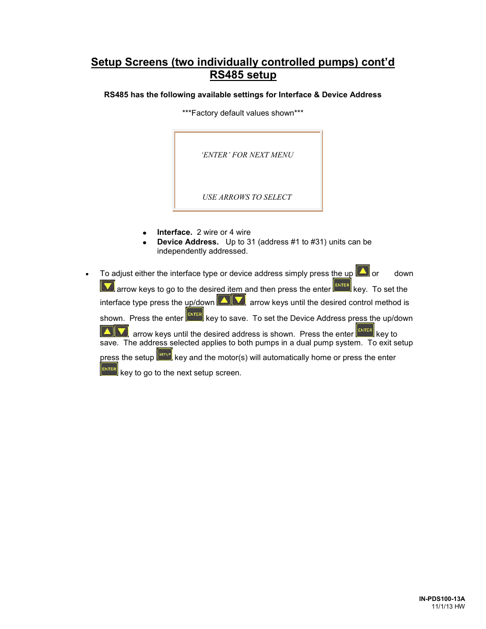 Setup = rs485, Interface = 2 wire device addr. = 5 | FMI PDS100 User Manual | Page 8 / 18