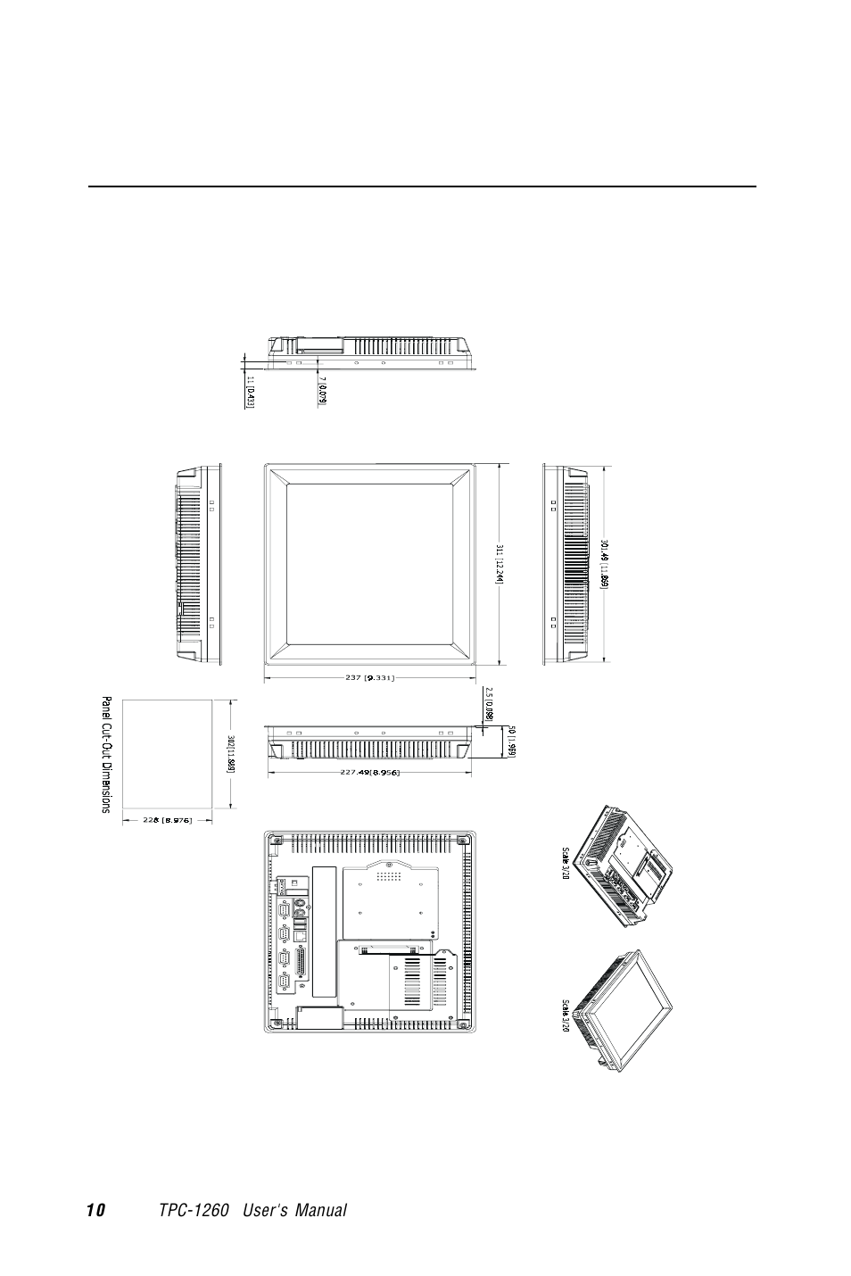9 dimensions and cutout, Figure 1.9-1 dimensions and cutout | Advantech TPC-1260 User Manual | Page 20 / 74