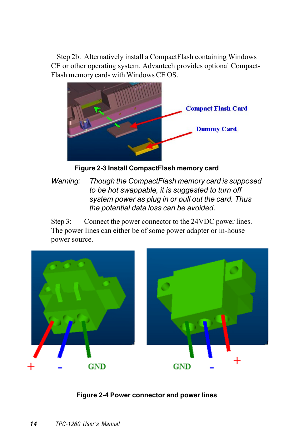 Figure 2-3 install compactflash memory card, Figure 2-4 power connector and power lines | Advantech TPC-1260 User Manual | Page 24 / 74