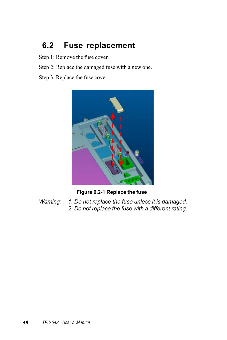 2 fuse replacement, Figure 6.2-1 replace the fuse | Advantech TPC-1260 User Manual | Page 56 / 74