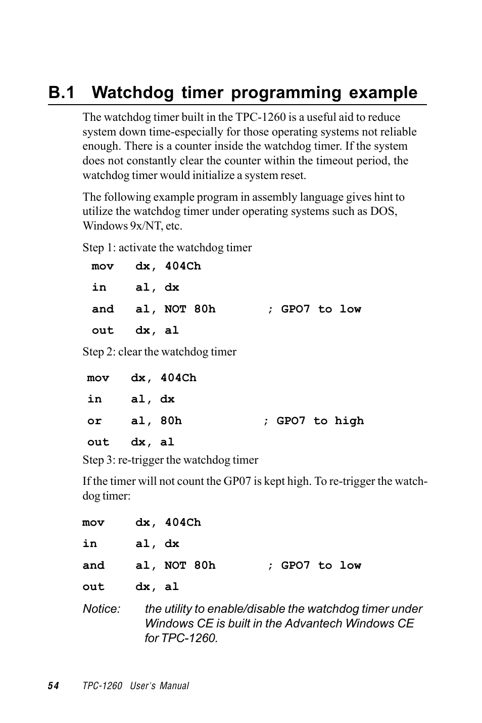 B.1 watchdog timer programming example | Advantech TPC-1260 User Manual | Page 62 / 74