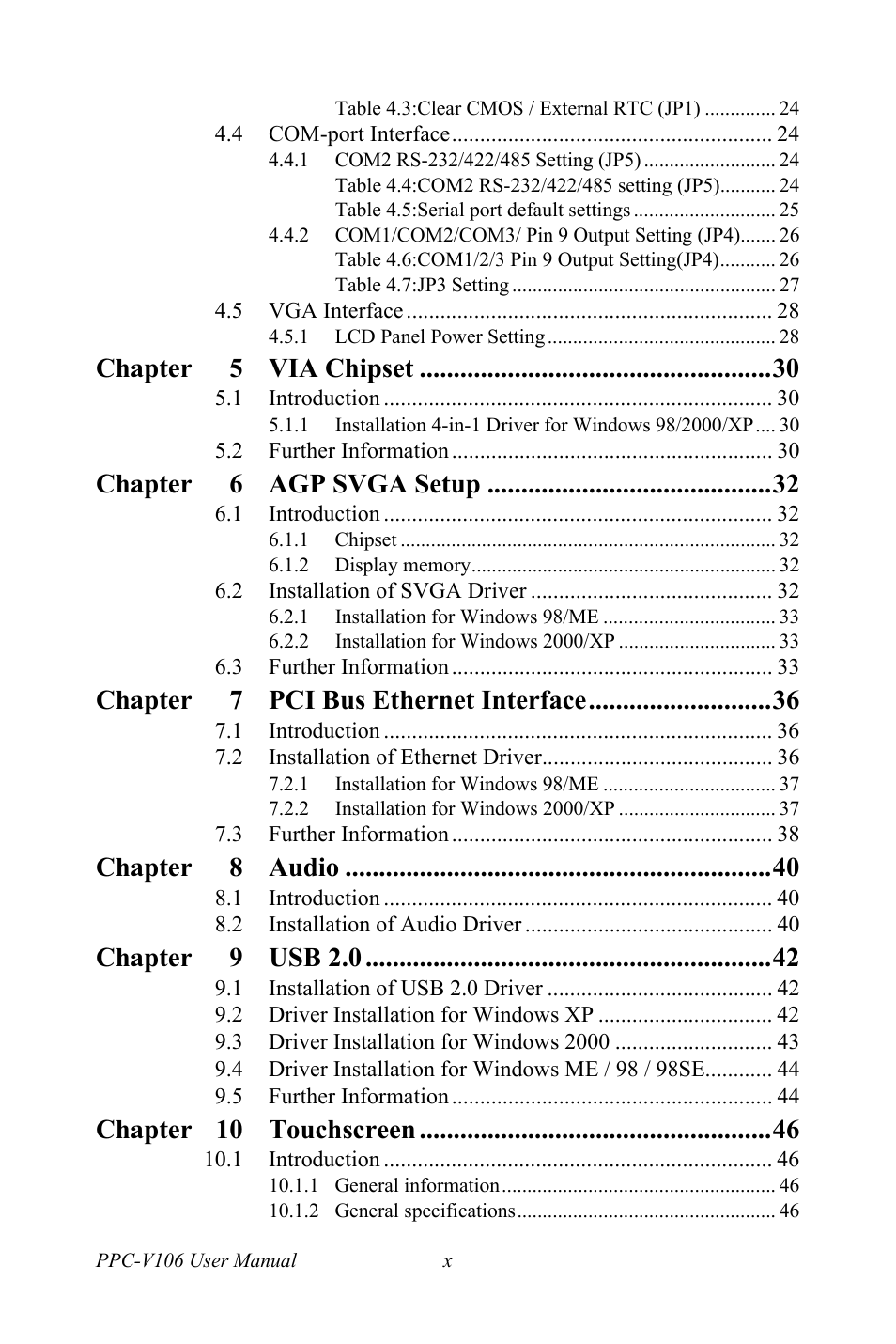 Chapter 5 via chipset, Chapter 6 agp svga setup, Chapter 7 pci bus ethernet interface | Chapter 8 audio, Chapter 9 usb 2.0, Chapter 10 touchscreen | Advantech Vechicle Mounted Terminal PPC-V106 User Manual | Page 10 / 78