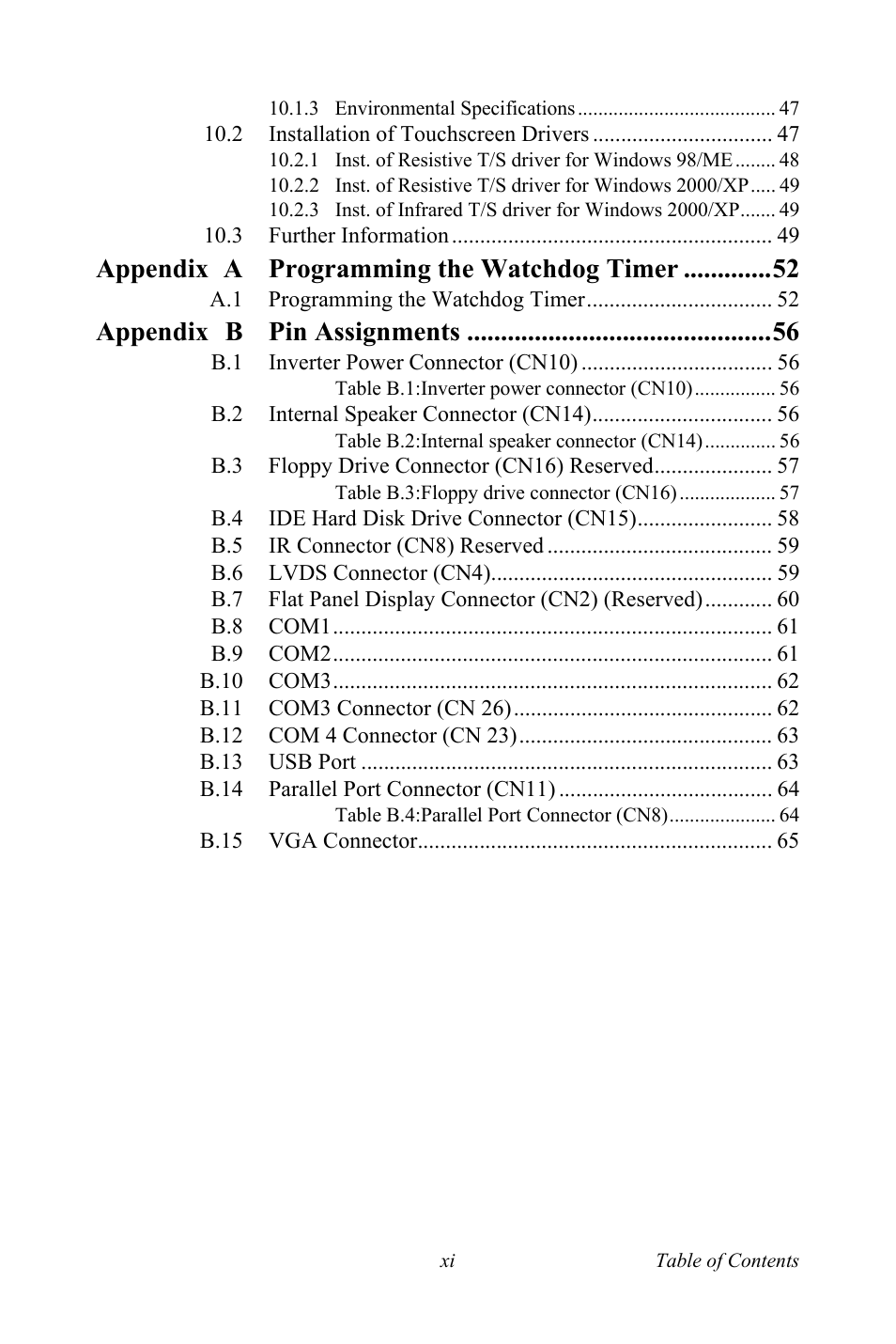 Appendix a programming the watchdog timer, Appendix b pin assignments | Advantech Vechicle Mounted Terminal PPC-V106 User Manual | Page 11 / 78