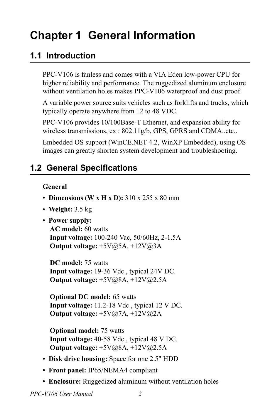 Chapter 1 general information, 1 introduction, 2 general specifications | Chapter, 1 general information, Introduction, General specifications | Advantech Vechicle Mounted Terminal PPC-V106 User Manual | Page 14 / 78