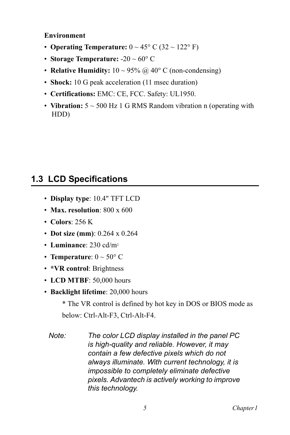 3 lcd specifications, Lcd specifications | Advantech Vechicle Mounted Terminal PPC-V106 User Manual | Page 17 / 78