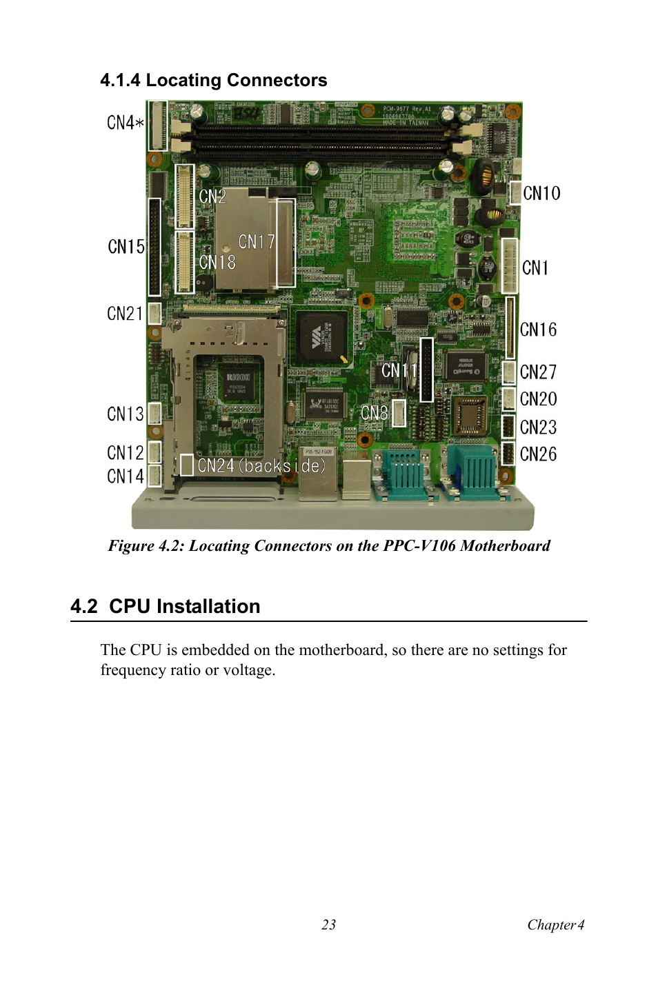 4 locating connectors, 2 cpu installation, Erboard | Cpu installation | Advantech Vechicle Mounted Terminal PPC-V106 User Manual | Page 35 / 78