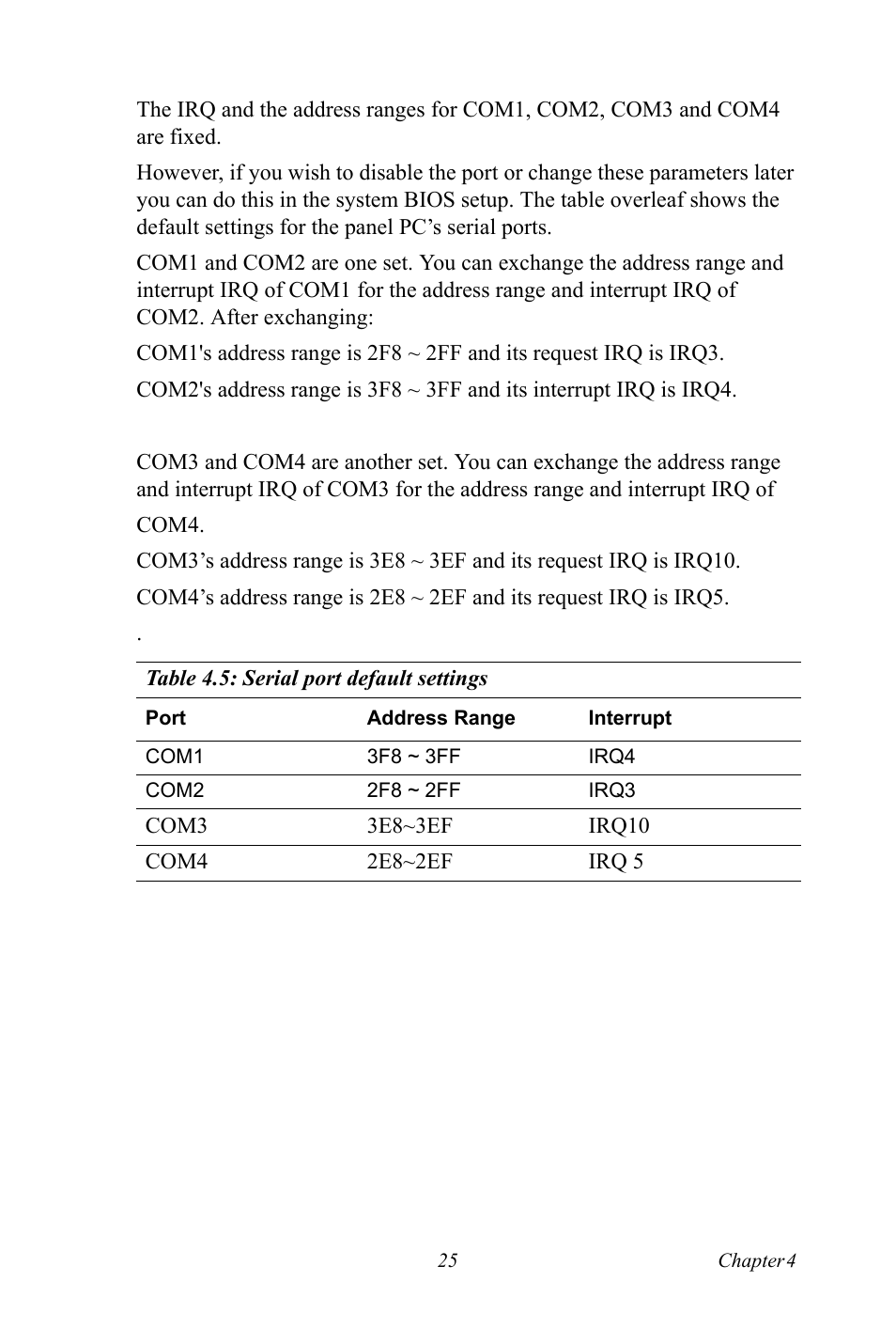Table 4.5: serial port default settings, Table 4.5:serial port default settings | Advantech Vechicle Mounted Terminal PPC-V106 User Manual | Page 37 / 78