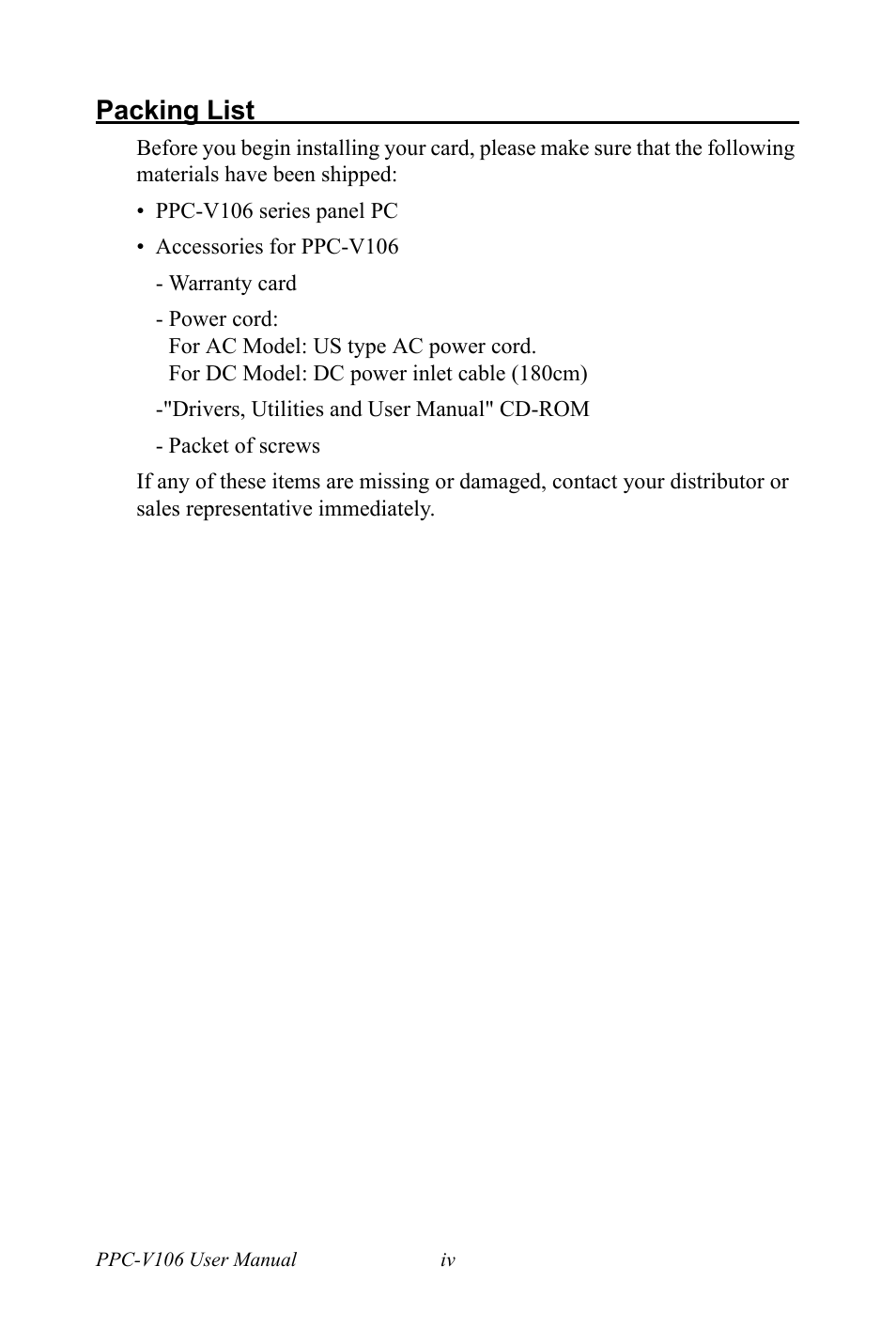 Packing list | Advantech Vechicle Mounted Terminal PPC-V106 User Manual | Page 4 / 78