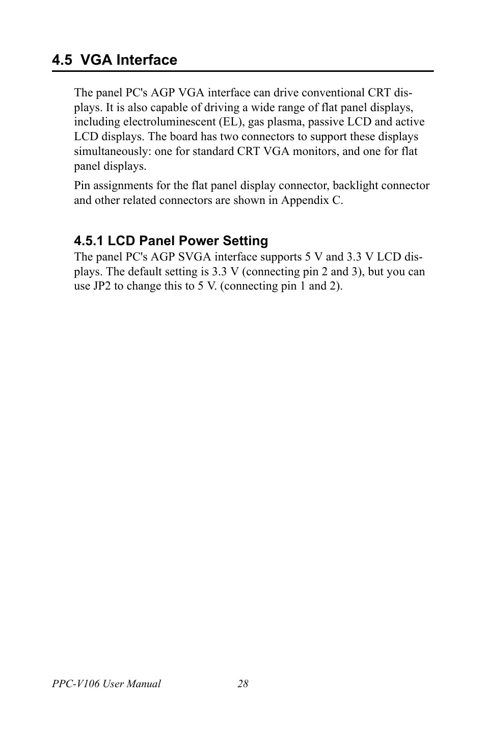5 vga interface, 1 lcd panel power setting, Vga interface | Lcd panel power setting | Advantech Vechicle Mounted Terminal PPC-V106 User Manual | Page 40 / 78