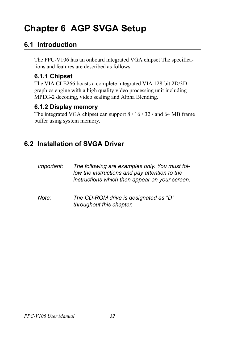 Chapter 6 agp svga setup, 1 introduction, 1 chipset | 2 display memory, 2 installation of svga driver, Chapter, 6 agp svga setup, Introduction, Chipset, Display memory | Advantech Vechicle Mounted Terminal PPC-V106 User Manual | Page 44 / 78