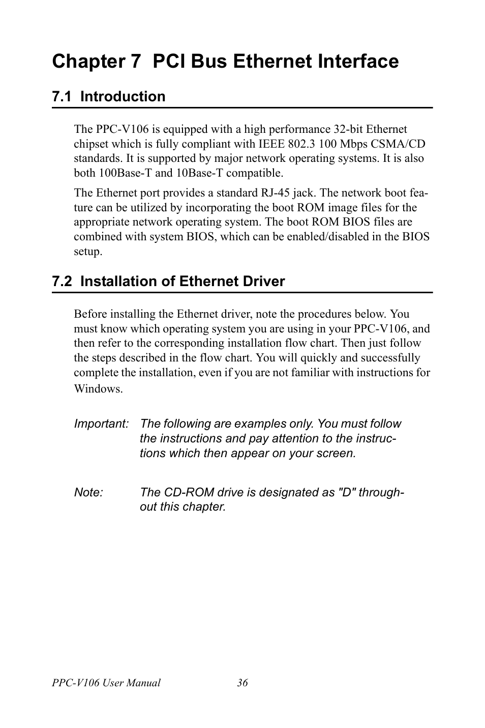Chapter 7 pci bus ethernet interface, 1 introduction, 2 installation of ethernet driver | Chapter, 7 pci bus ethernet interface, Introduction, Installation of ethernet driver | Advantech Vechicle Mounted Terminal PPC-V106 User Manual | Page 48 / 78