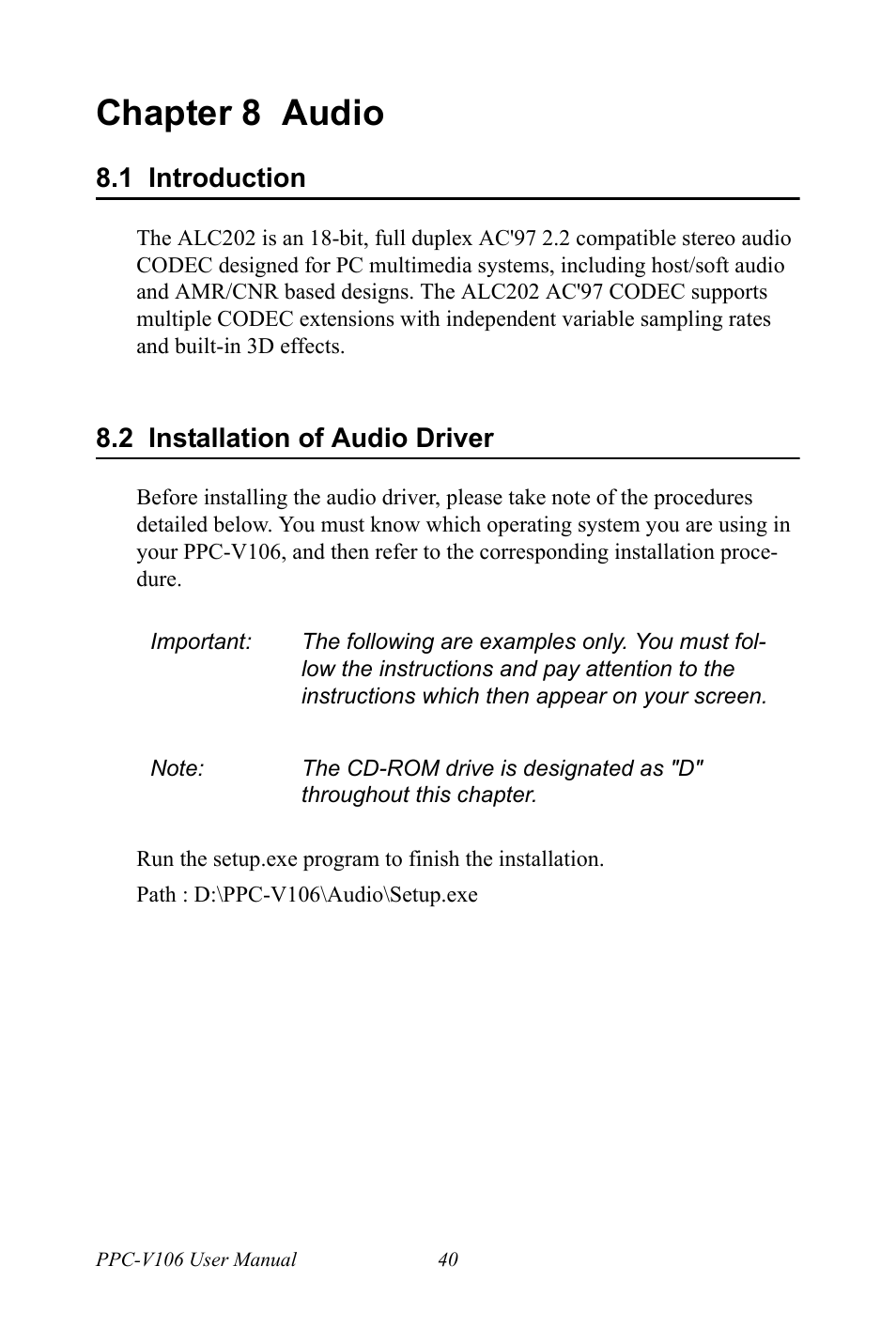 Chapter 8 audio, 1 introduction, 2 installation of audio driver | Chapter, 8 audio, Introduction, Installation of audio driver | Advantech Vechicle Mounted Terminal PPC-V106 User Manual | Page 52 / 78