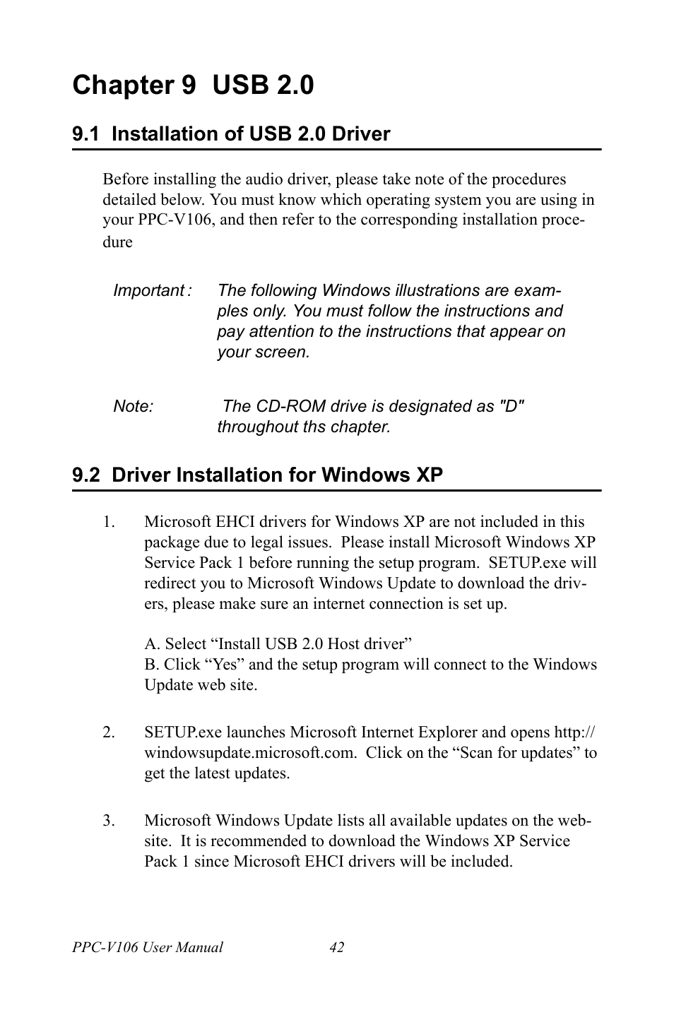 Chapter 9 usb 2.0, 1 installation of usb 2.0 driver, 2 driver installation for windows xp | Chapter, 9 usb 2.0, Installation of usb 2.0 driver, Driver installation for windows xp | Advantech Vechicle Mounted Terminal PPC-V106 User Manual | Page 54 / 78
