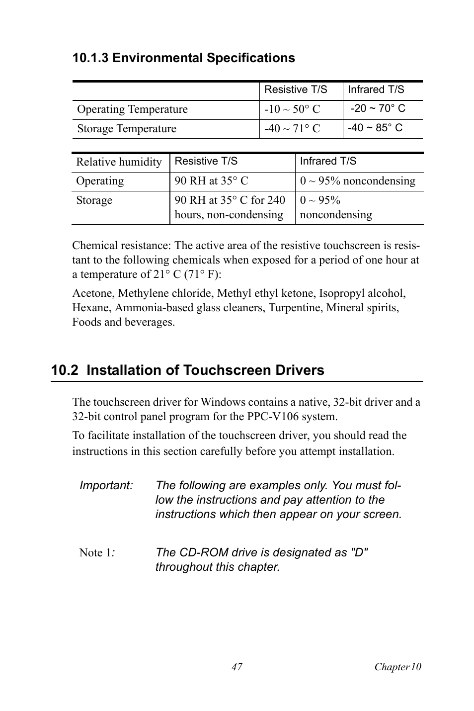 3 environmental specifications, 2 installation of touchscreen drivers, Installation of touchscreen drivers | Advantech Vechicle Mounted Terminal PPC-V106 User Manual | Page 59 / 78
