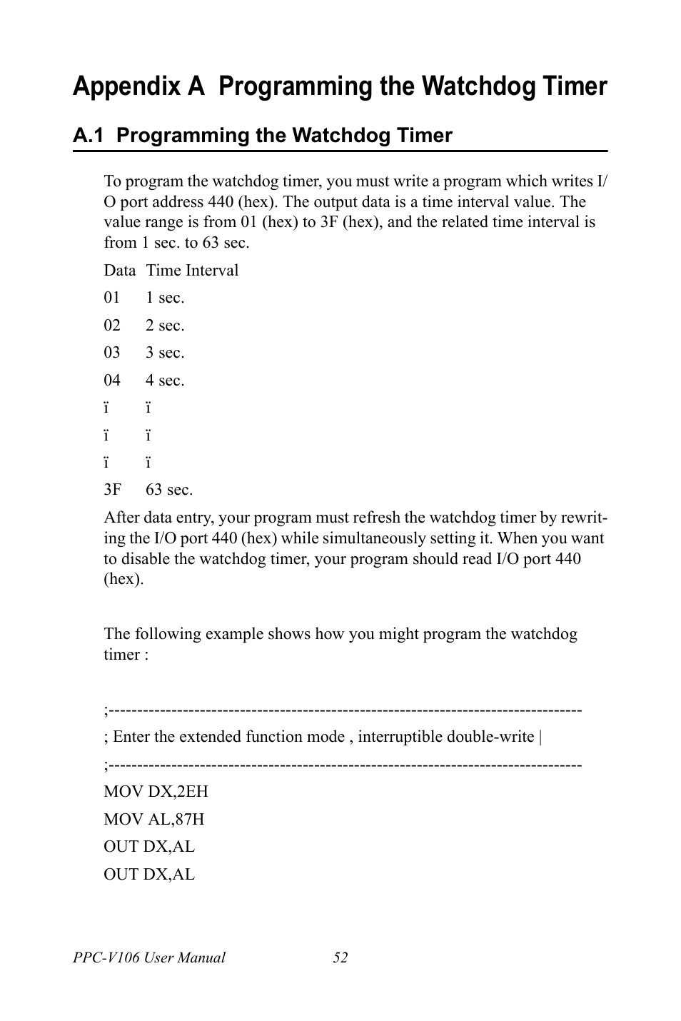 Appendix a programming the watchdog timer, A.1 programming the watchdog timer, Programming the watchdog timer | Advantech Vechicle Mounted Terminal PPC-V106 User Manual | Page 64 / 78