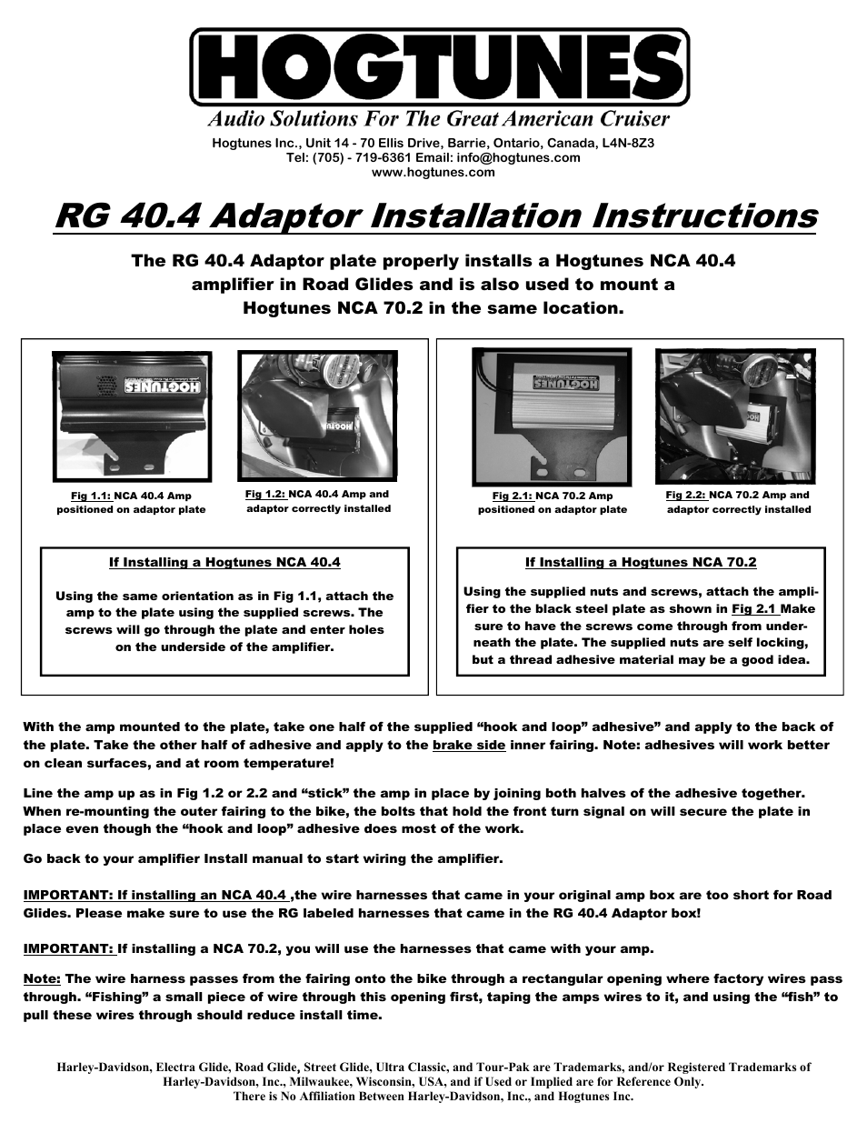Hogtunes 4 Channel RoadGlide Amplifier Adaptor Plate User Manual | 1 page