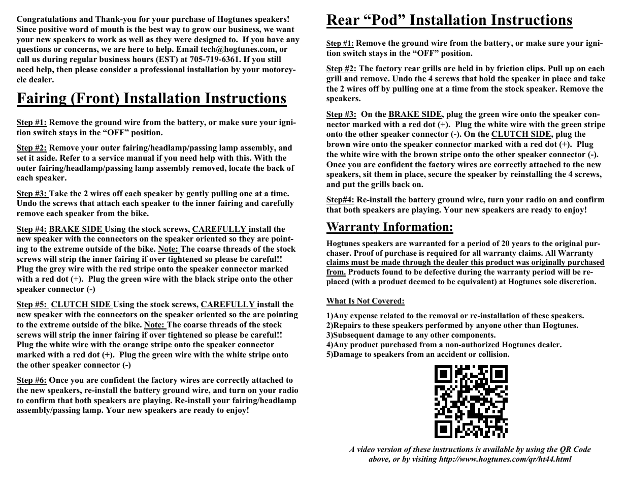 Hogtunes HT-44 : 4.25-inch Full Range Driver, 4 Ω (1986 - 1995 - model years) User Manual | 1 page