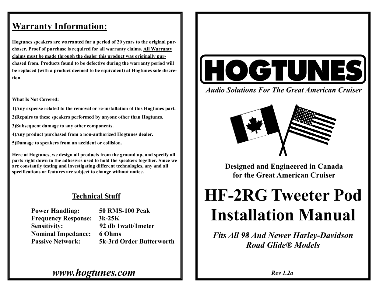 Hogtunes HF-2RG : RoadGlide Guage Trim / Tweeter Pod (2006 - 2013 - model years) User Manual | 2 pages