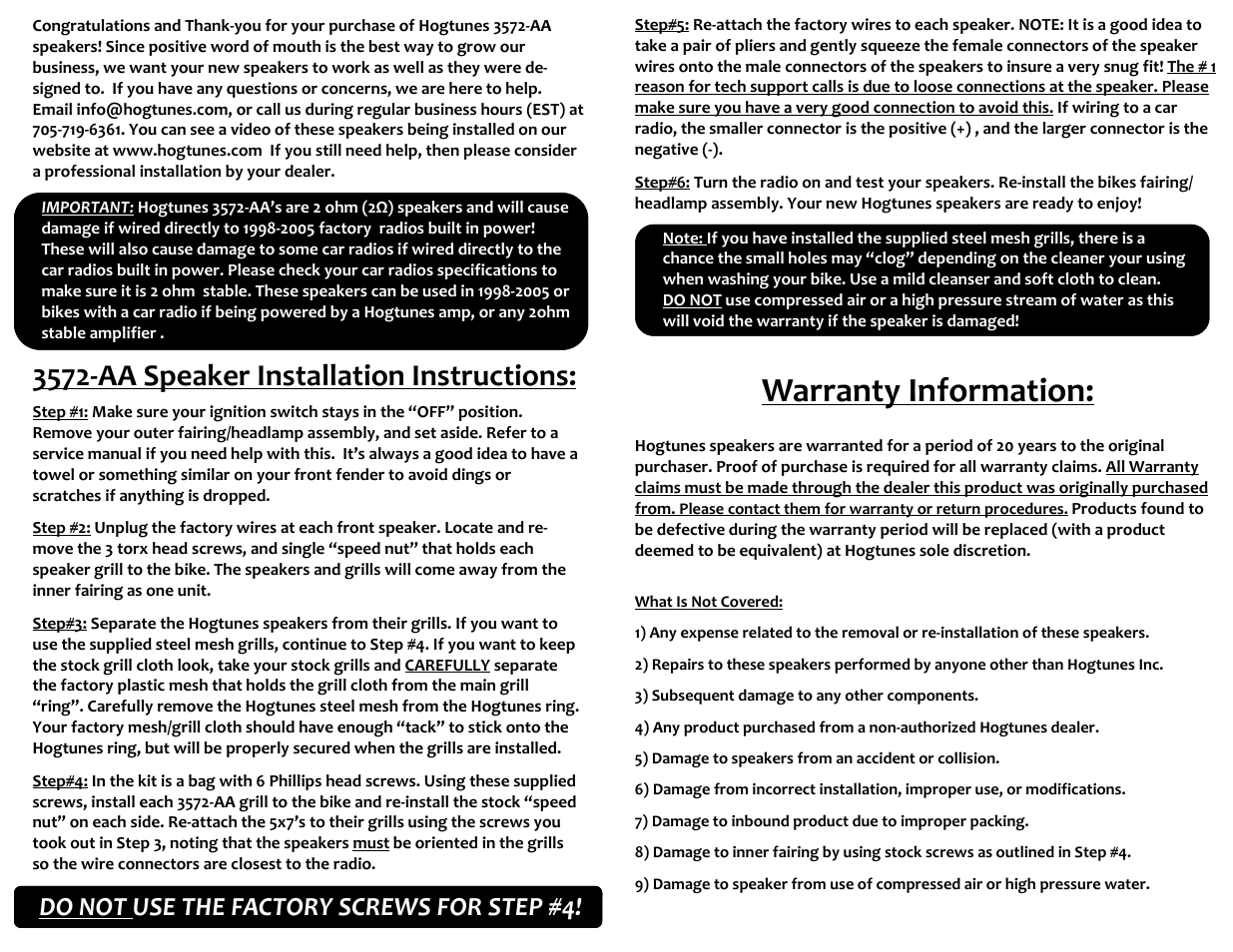 Warranty information, 3572‐aa speaker installation instructions, Do not use the factory screws for step #4 | Hogtunes 3572-AA : 5 x 7-inch RoadGlide Front Replacement, 2 Ω (2006 - 2013 - model years) User Manual | Page 2 / 2