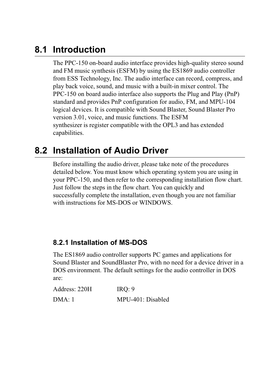 1 introduction, 2 installation of audio drivers, 1 installation of ms-dos | 2 installation of audio driver | Advantech PENTIUM PPC-150 User Manual | Page 106 / 192