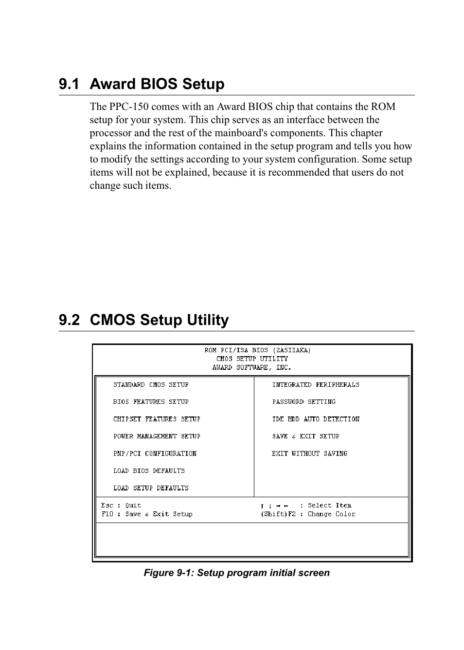1 award bios setup, 2 cmos setup utility, Figure 9-1: setup program initial screen | Advantech PENTIUM PPC-150 User Manual | Page 116 / 192