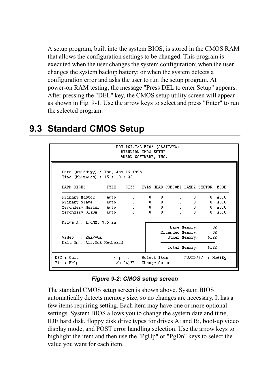 3 standard cmos setup, Figure 9-2: cmos setup screen | Advantech PENTIUM PPC-150 User Manual | Page 117 / 192