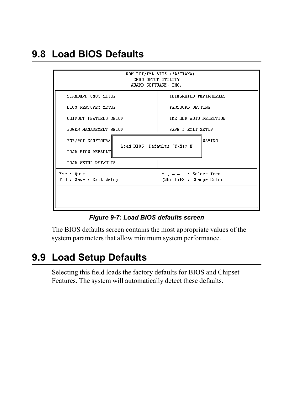 8 load bios defaults, Figure 9-7: load bios defaults screen, 9 load setup defaults | Advantech PENTIUM PPC-150 User Manual | Page 129 / 192