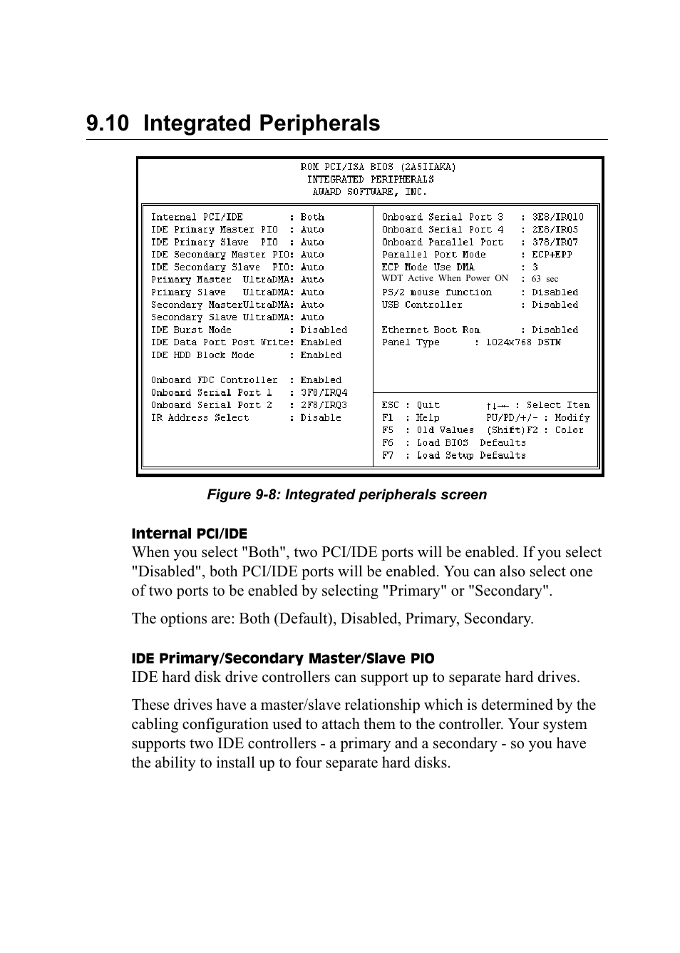 10 integrated peripherals, Figure 9-8: integrated peripherals screen | Advantech PENTIUM PPC-150 User Manual | Page 130 / 192
