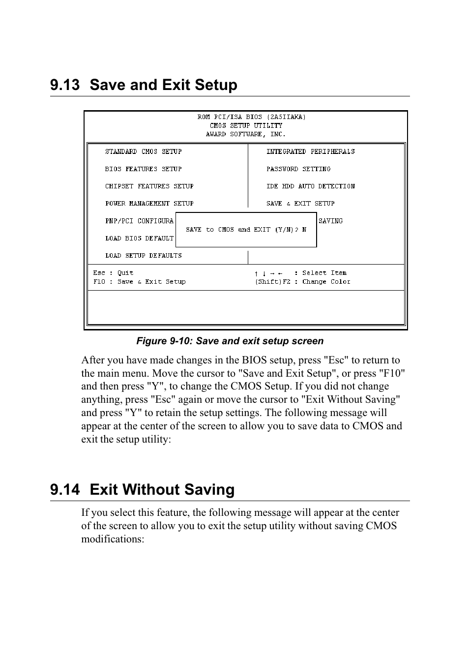 13 save and exit setup, Figure 9-10: save and exit setup screen, 14 exit without saving | Advantech PENTIUM PPC-150 User Manual | Page 135 / 192