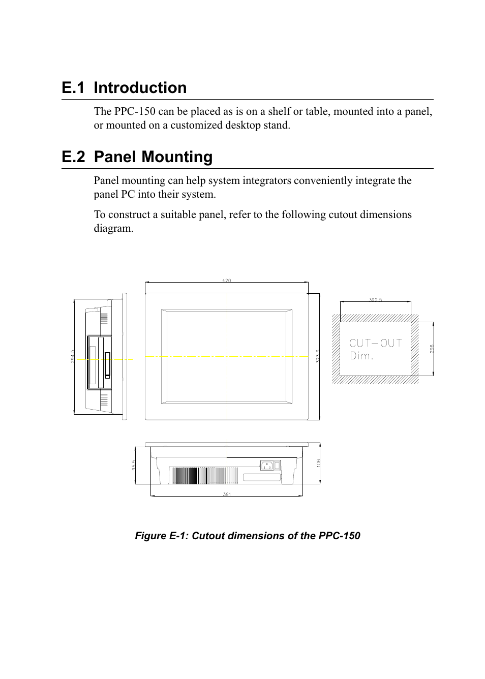 E.1 introduction, E.2 panel mounting, Figure e-1: cutout dimensions of the ppc-150 | Advantech PENTIUM PPC-150 User Manual | Page 188 / 192