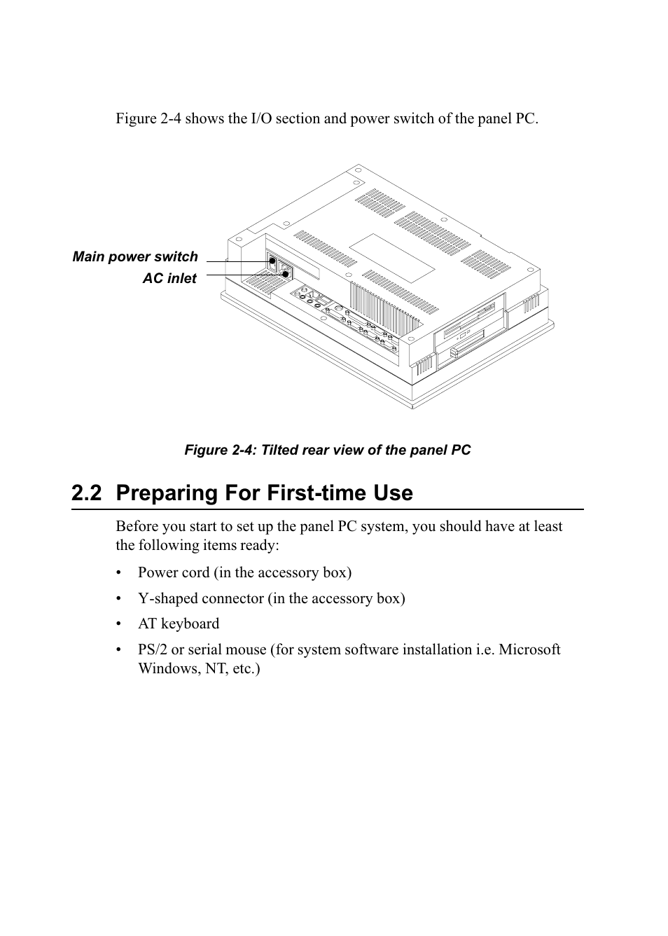 Figure 2-4: tilted rear view of the panel pc, 2 preparing for first-time use | Advantech PENTIUM PPC-150 User Manual | Page 31 / 192