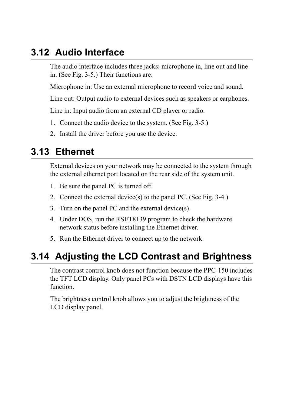 12 audio interface, 13 ethernet, 14 adjusting the lcd contrast & brightness | 14 adjusting the lcd contrast and brightness | Advantech PENTIUM PPC-150 User Manual | Page 47 / 192