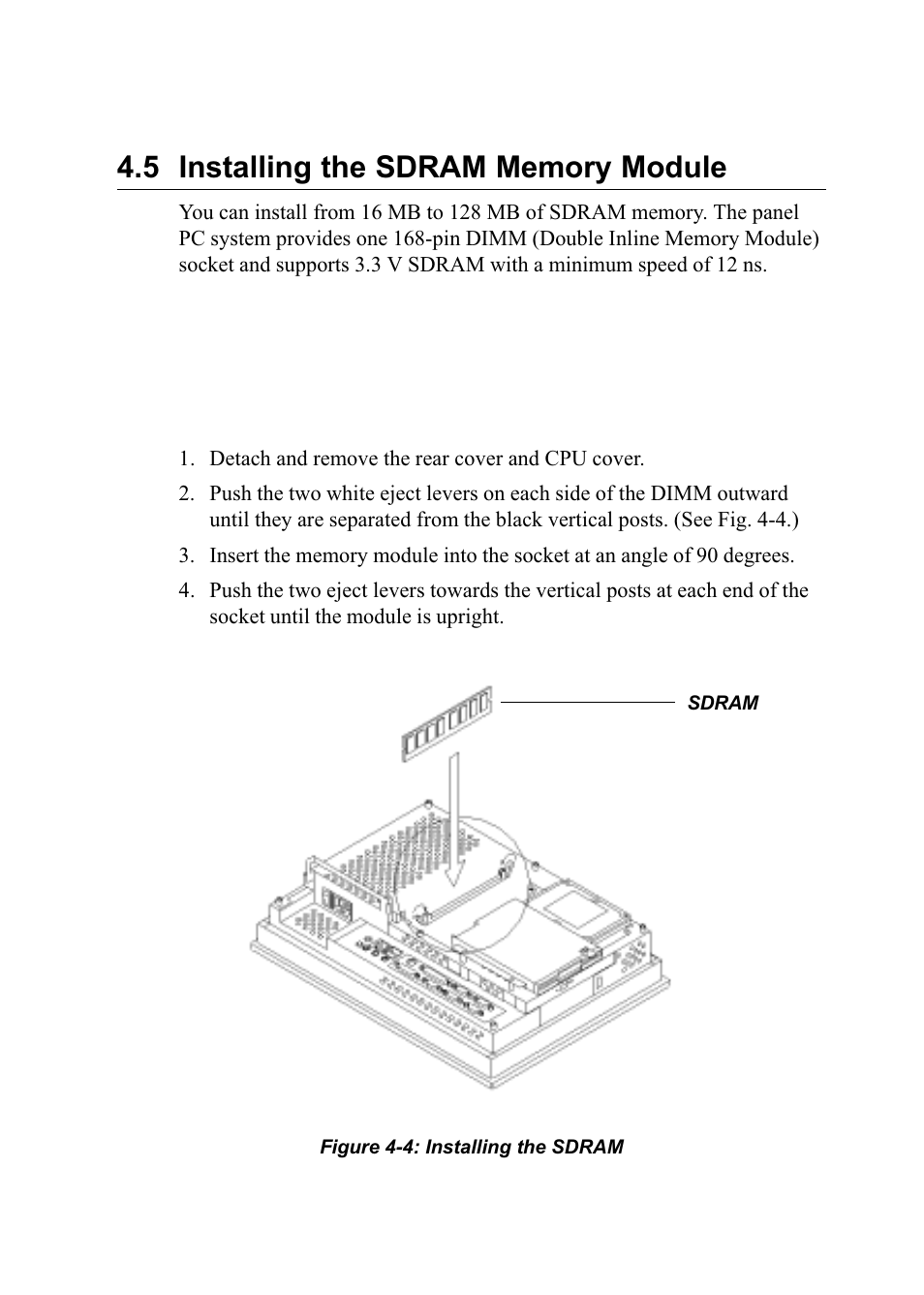 5 installing the sdram memory module, Figure 4-4: installing the sdram | Advantech PENTIUM PPC-150 User Manual | Page 56 / 192