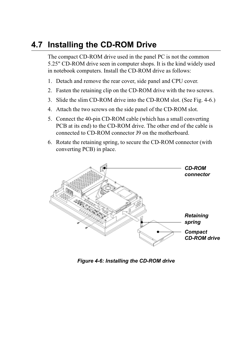 7 installing the cd-rom drive, Figure 4-6: installing the cd-rom drive | Advantech PENTIUM PPC-150 User Manual | Page 58 / 192