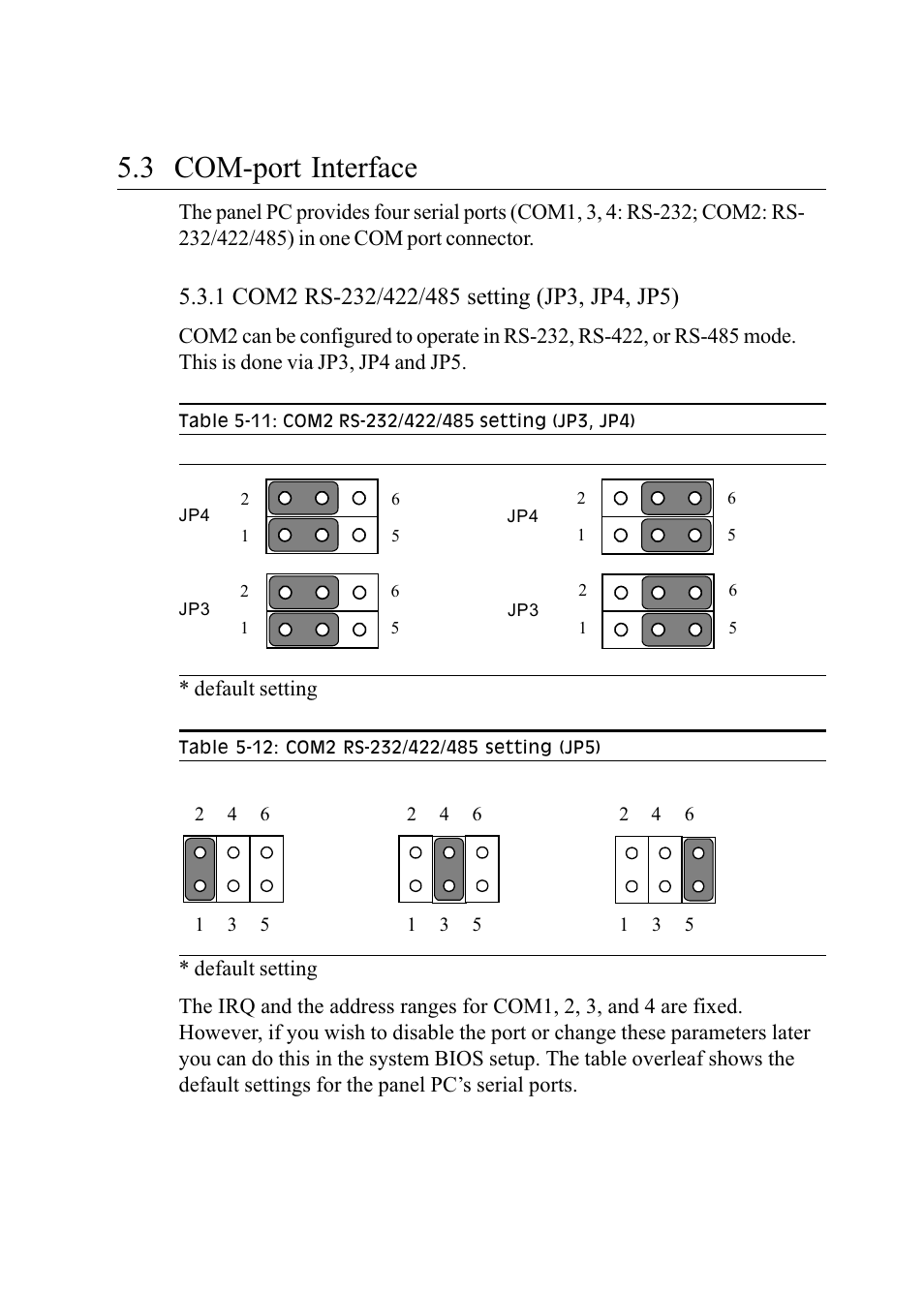 3 com-port interface, 1 com2 rs-232/422/485 setting (jp3, jp4), Table 5-11: com2 rs-232/422/485 setting (jp3, jp4) | Table 5-12: com2 rs-232/422/485 setting (jp5) | Advantech PENTIUM PPC-150 User Manual | Page 74 / 192