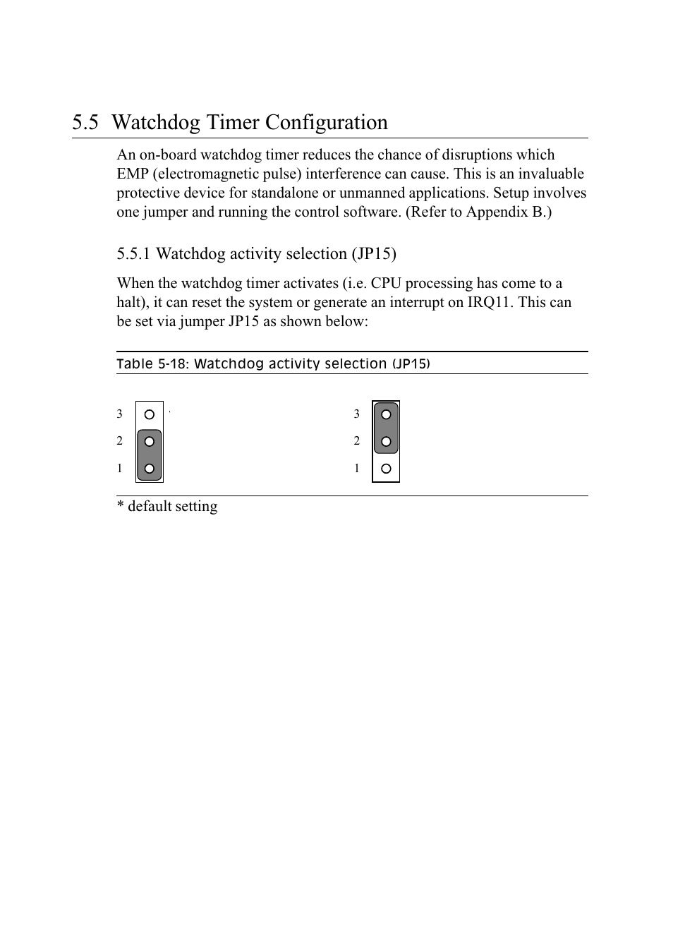 5 watchdog timer configuration, 1 watchdog activity slection (jp15), Table 5-18: watchdog activity selection (jp15) | 1 watchdog activity selection (jp15) | Advantech PENTIUM PPC-150 User Manual | Page 79 / 192