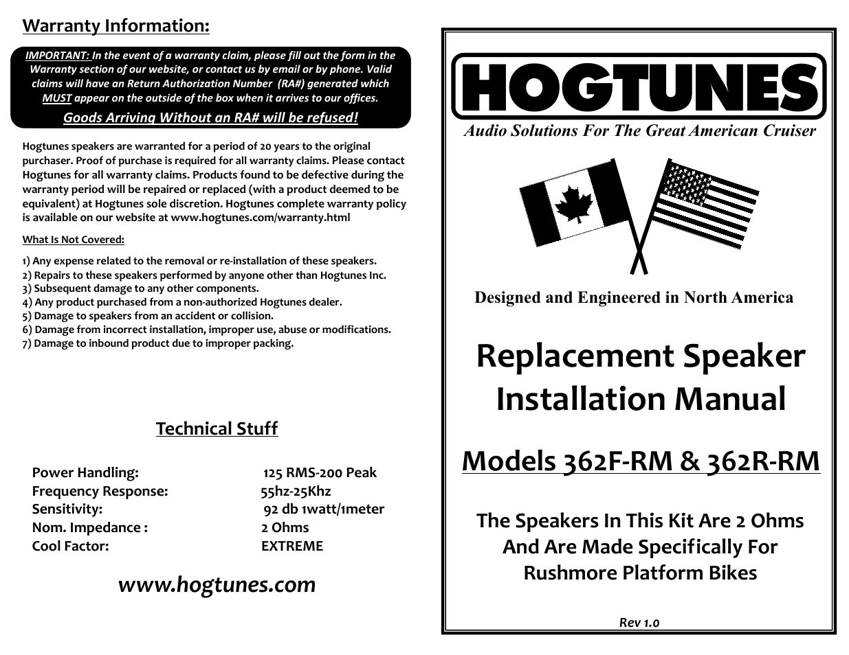 Hogtunes 362R-RM : 6.5-inch Rear Replacement, 2 Ω (2014 - model year) User Manual | 2 pages