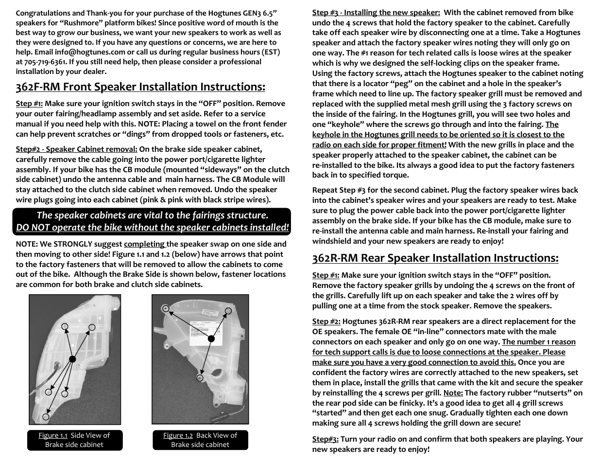 362f‐rm front speaker installation instructions, 362r‐rm rear speaker installation instructions | Hogtunes 362R-RM : 6.5-inch Rear Replacement, 2 Ω (2014 - model year) User Manual | Page 2 / 2