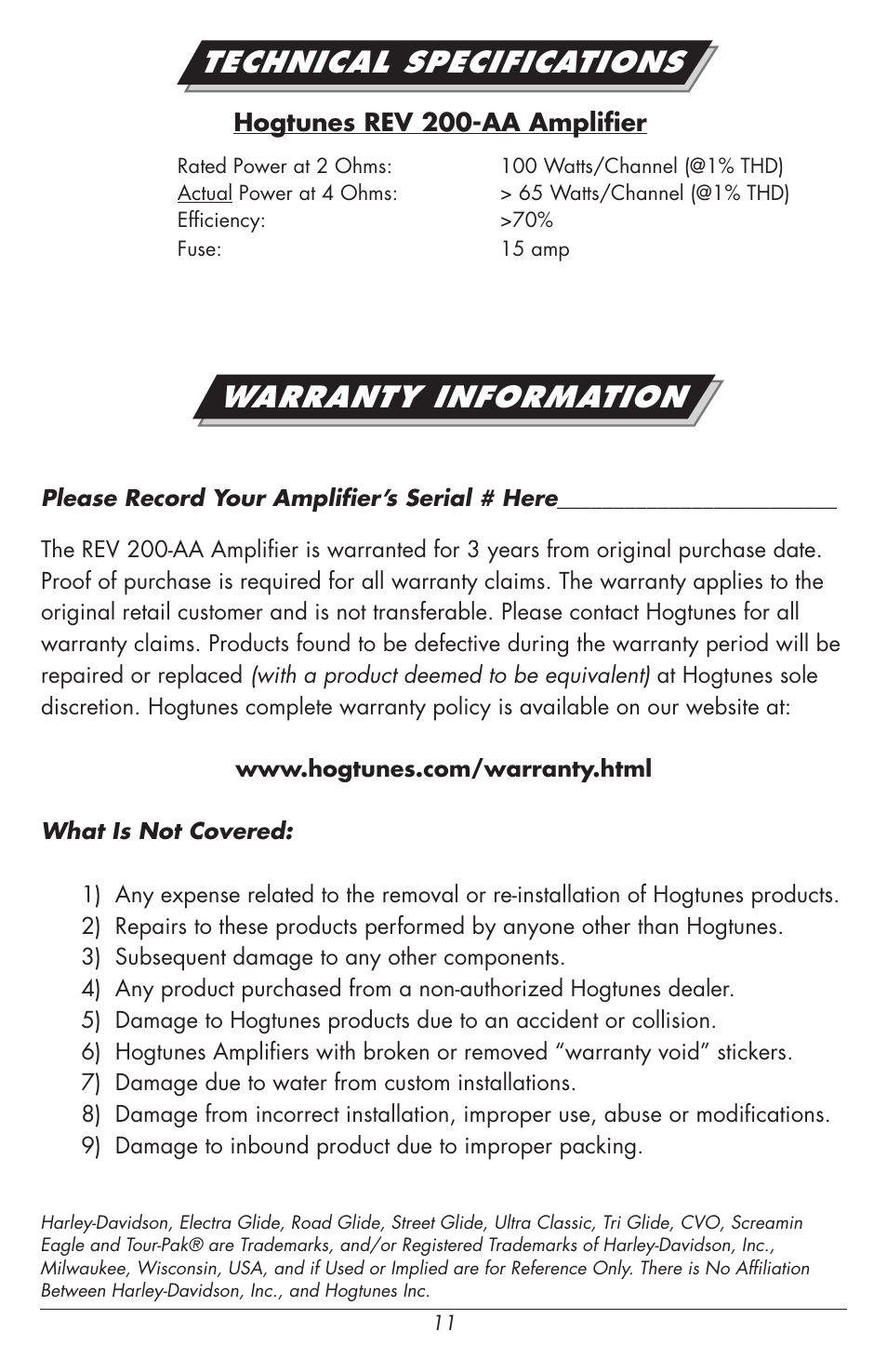 Warranty information, Technical specifications | Hogtunes REV 200-AA : 2 Channel Class D Amplifier / 2x100 watts (1998 - 2013 - model years) User Manual | Page 11 / 12
