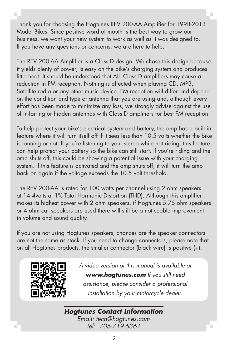 Hogtunes REV 200-AA : 2 Channel Class D Amplifier / 2x100 watts (1998 - 2013 - model years) User Manual | Page 2 / 12