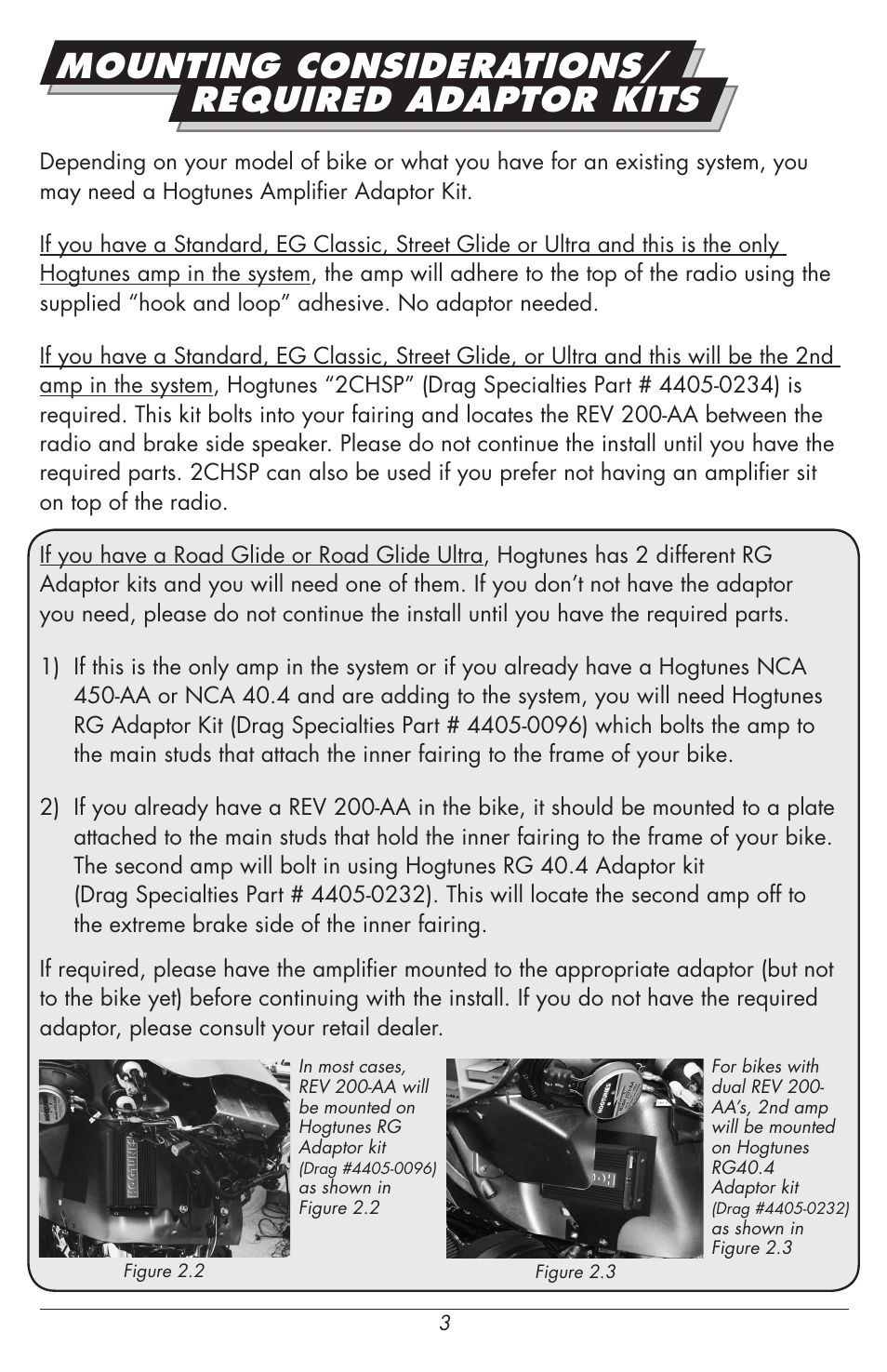 Mounting considerations/ required adaptor kits | Hogtunes REV 200-AA : 2 Channel Class D Amplifier / 2x100 watts (1998 - 2013 - model years) User Manual | Page 3 / 12