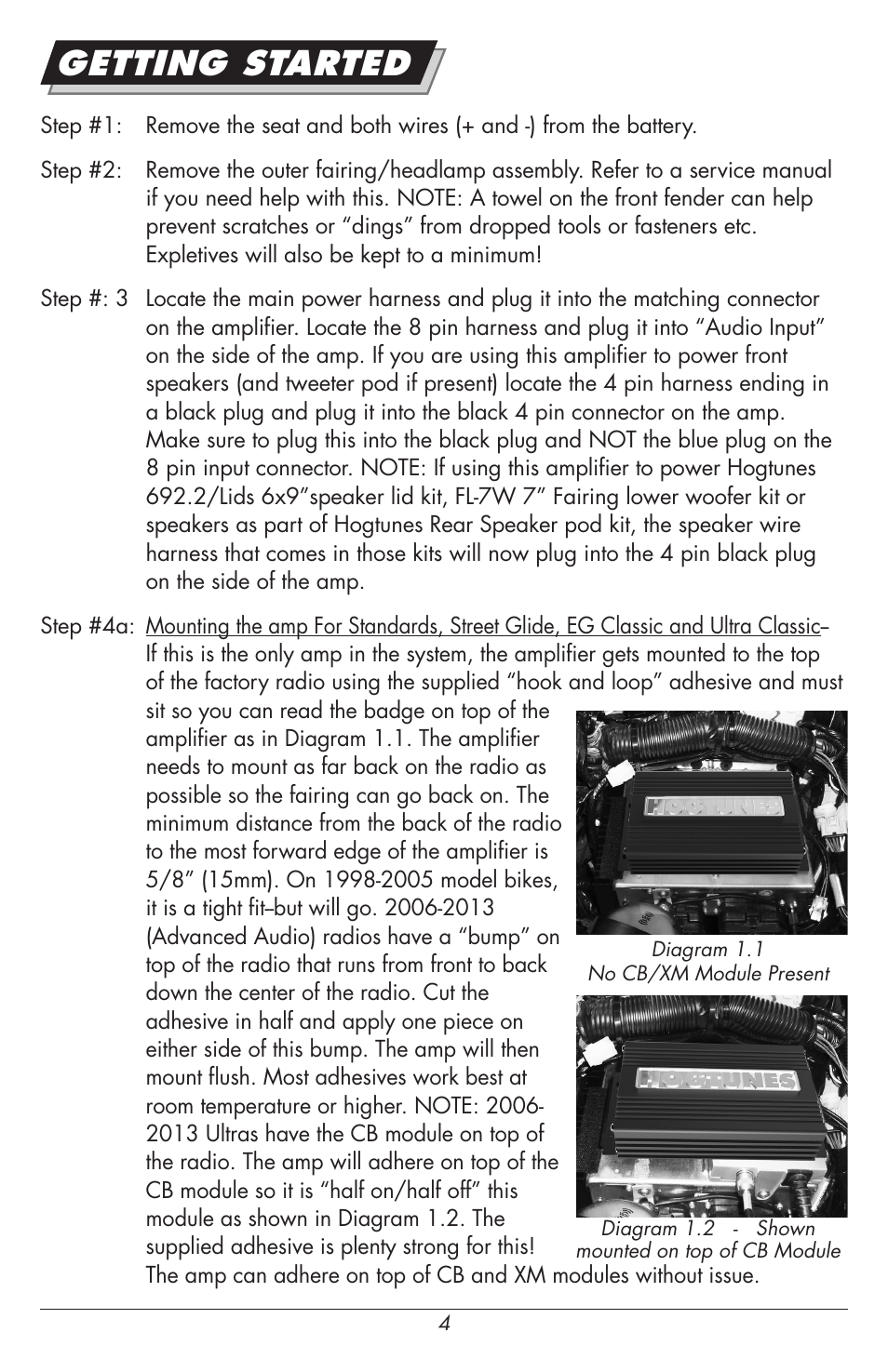 Getting started | Hogtunes REV 200-AA : 2 Channel Class D Amplifier / 2x100 watts (1998 - 2013 - model years) User Manual | Page 4 / 12
