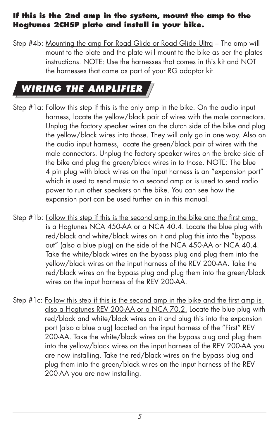 Wiring the amplifier | Hogtunes REV 200-AA : 2 Channel Class D Amplifier / 2x100 watts (1998 - 2013 - model years) User Manual | Page 5 / 12