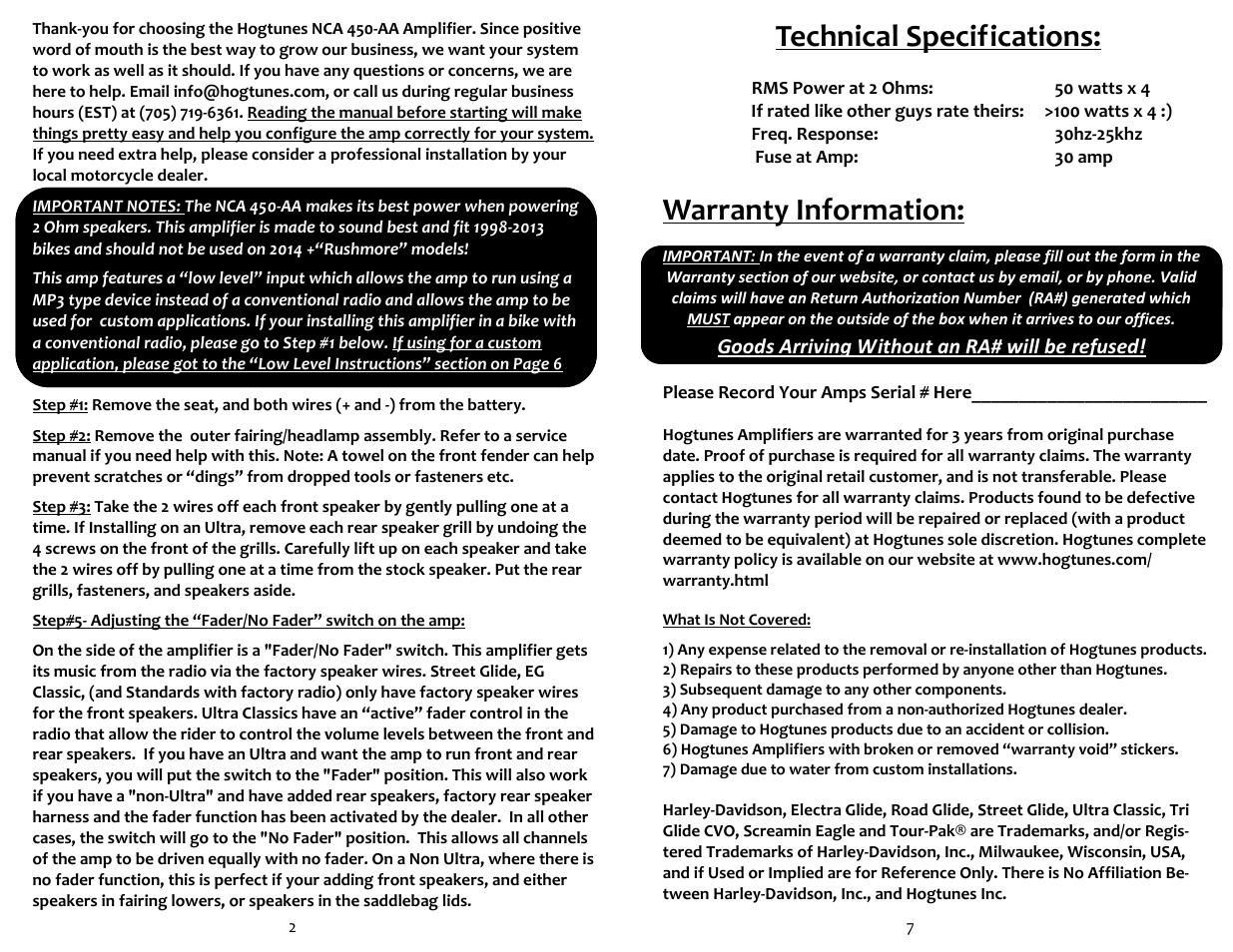 Technical specifications, Warranty information, Goods arriving without an ra# will be refused | Hogtunes NCA 450-AA : 4 Channel Amplifier / 4x50 watts (1998 - 2013 - model years) User Manual | Page 2 / 4